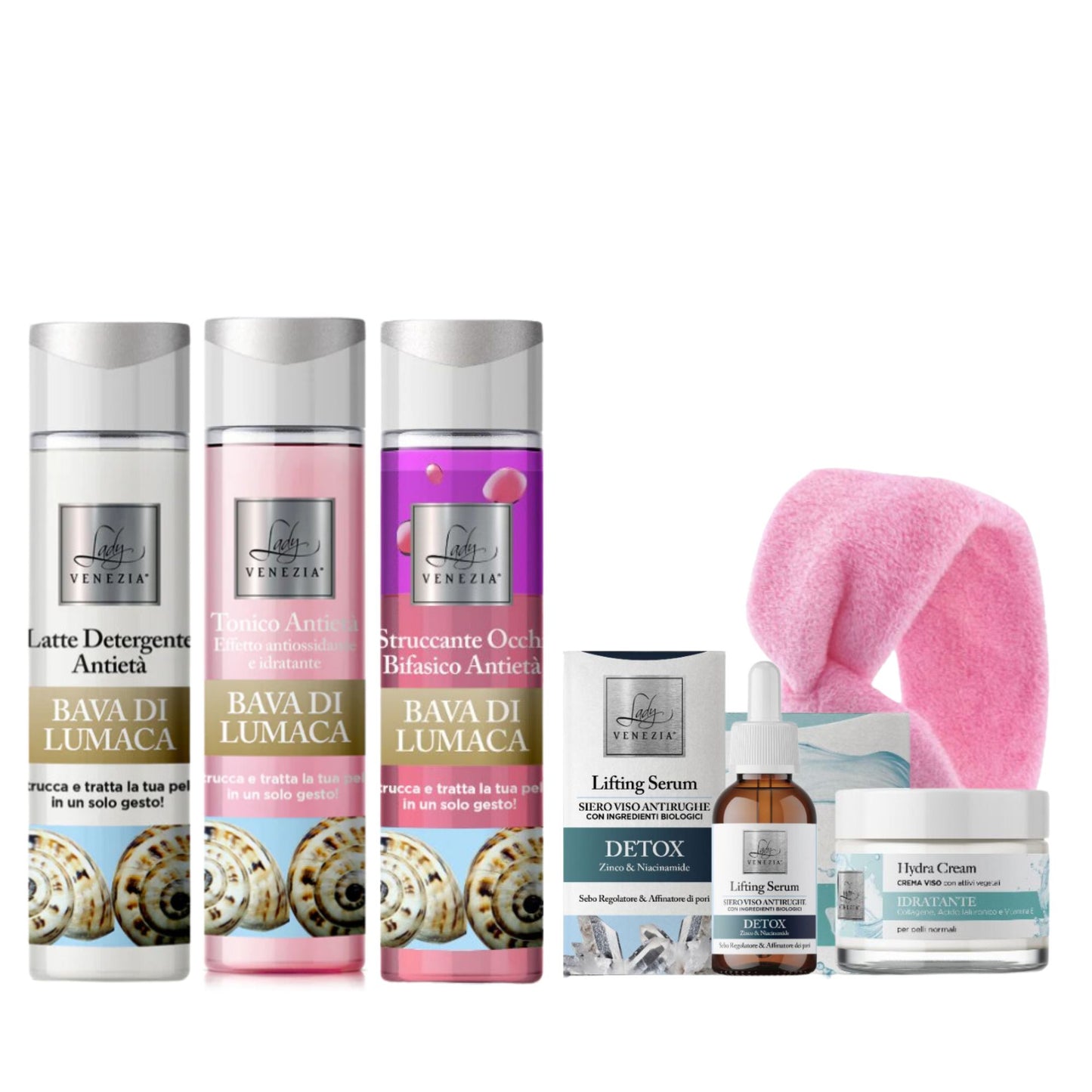 Kit Beauty Routine Notte - Latte Detergente, Tonico, Struccante, Siero Viso, Crema Viso, Fascia Skincare in Regalo