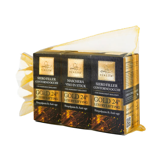 Tris Bellezza 24k Luxury Lifting Regalo di Natale -  Siero Viso, Contorno Occhi e Maschera Viso con Elegante Sacchetto Oro